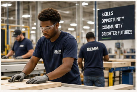 Representative academy concept showing workers in EMM shirts practicing at a manufacturing bench