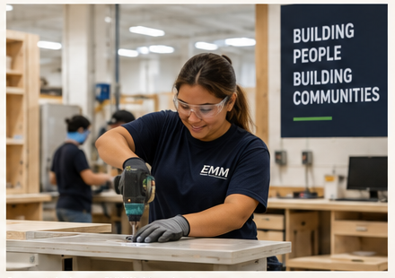 Representative academy concept showing a worker in an EMM shirt using a drill at a training bench