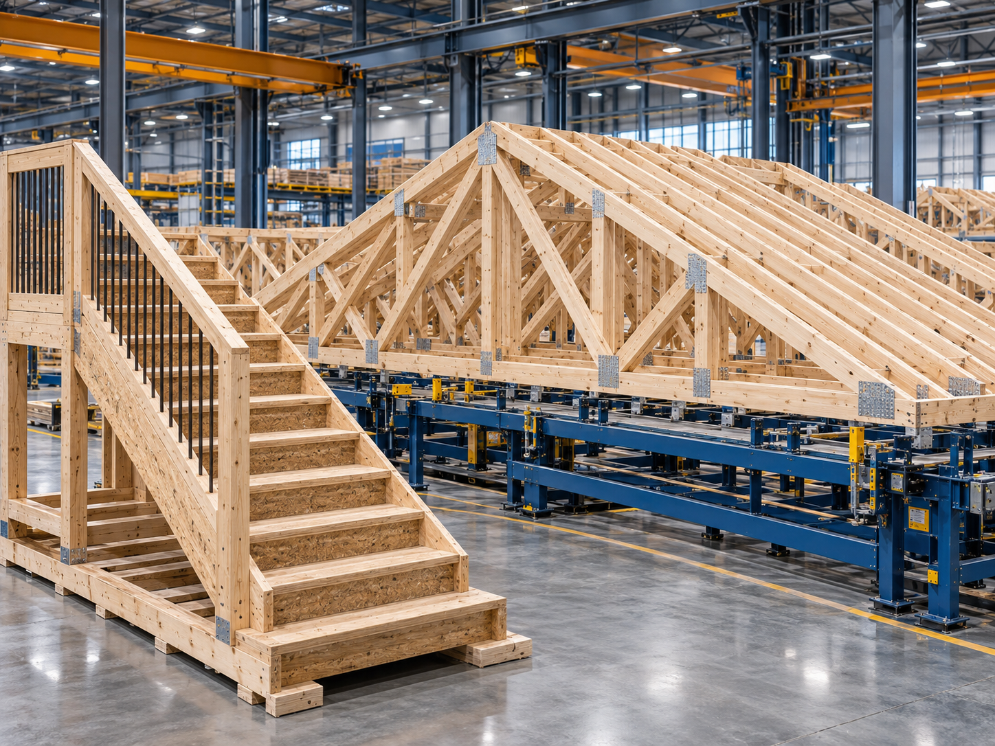 Conceptual roof trusses and stair assembly in a factory