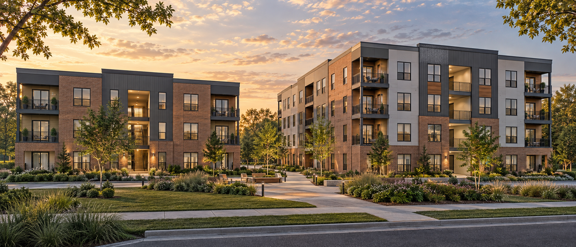 Conceptual multifamily apartment buildings with landscaped pedestrian space