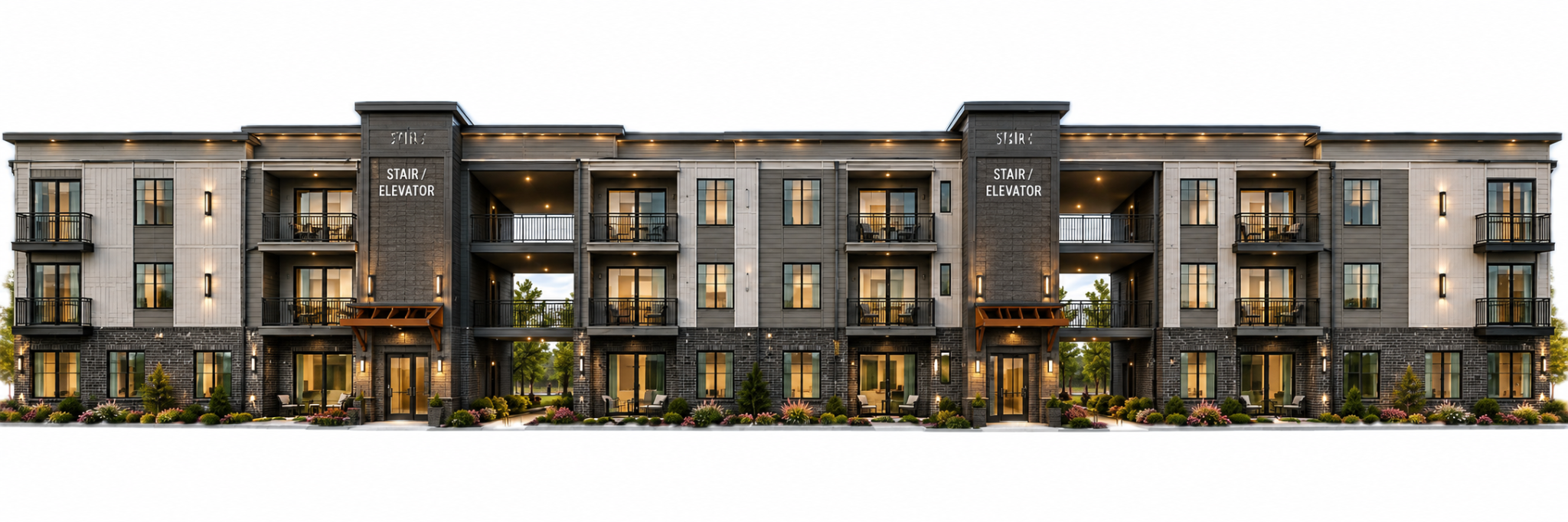 Illustrative front elevation of the three-story EMM 24 with two open-air breezeways