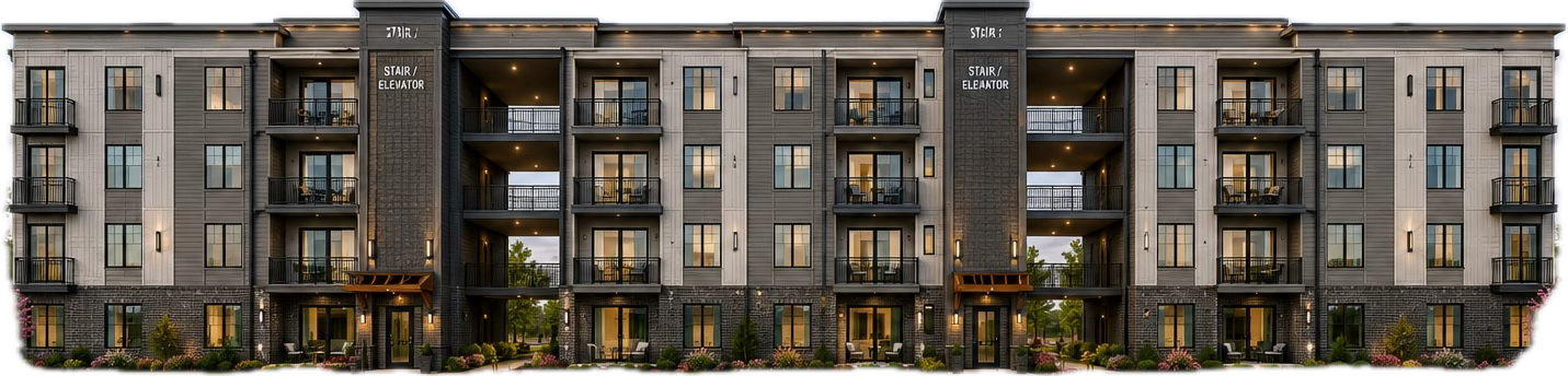Illustrative front elevation of the four-story EMM 32 with two open-air breezeways